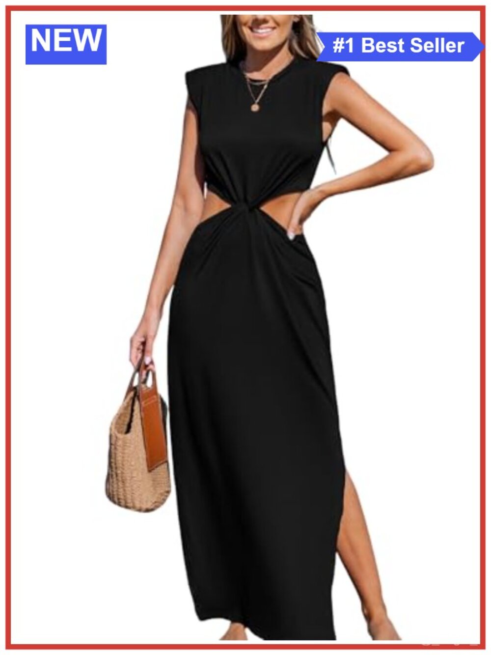 Sleeveless Maxi Dress with Cutout Waist and Padded Shoulders